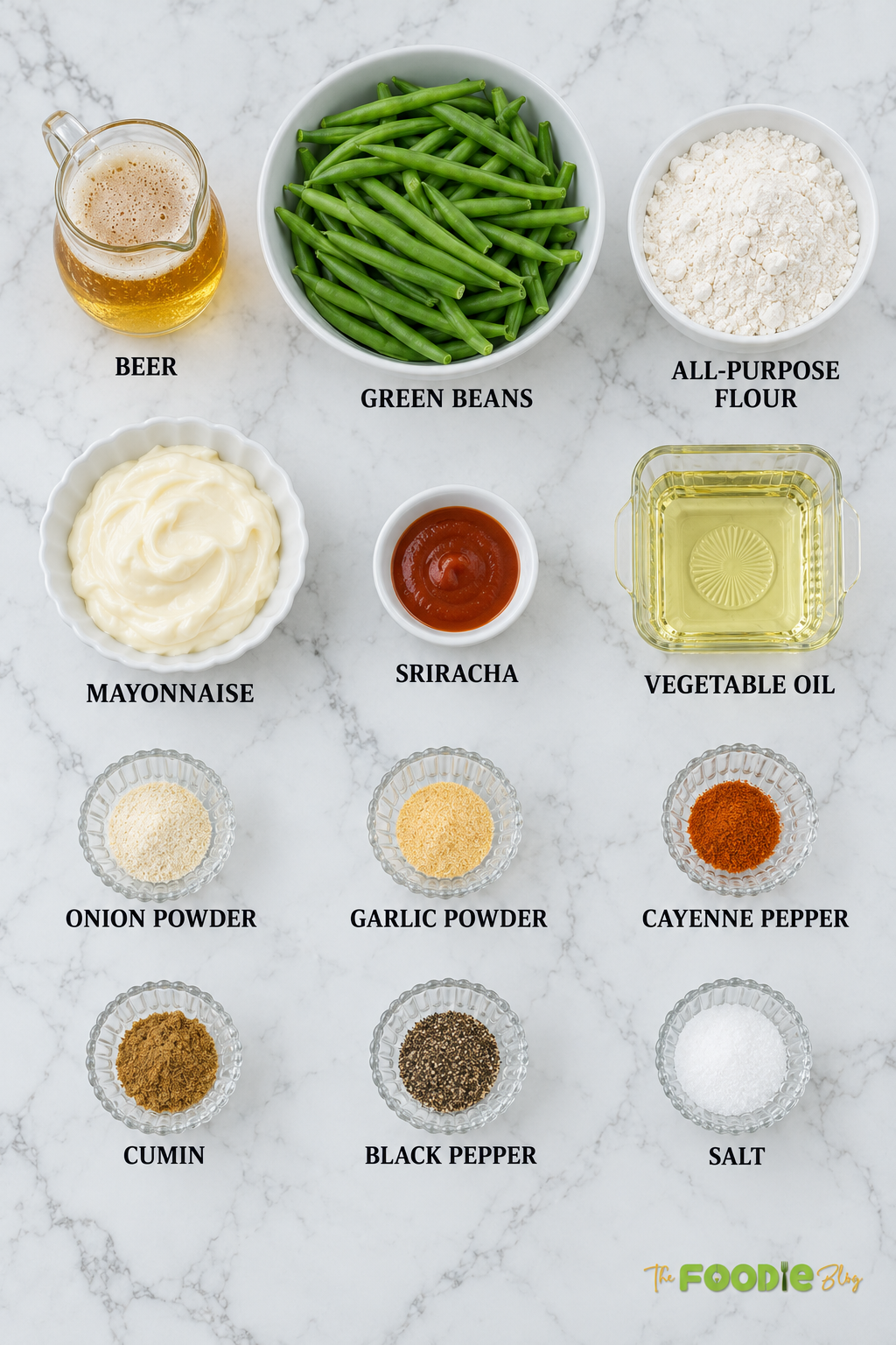 Ingredients for fried green beans including green beans, flour, beer, mayonnaise, sriracha, spices, and oil.