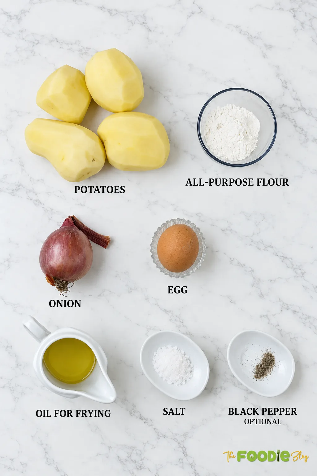 German potato pancake ingredients including potatoes, onion, egg, flour, oil, salt, and black pepper.