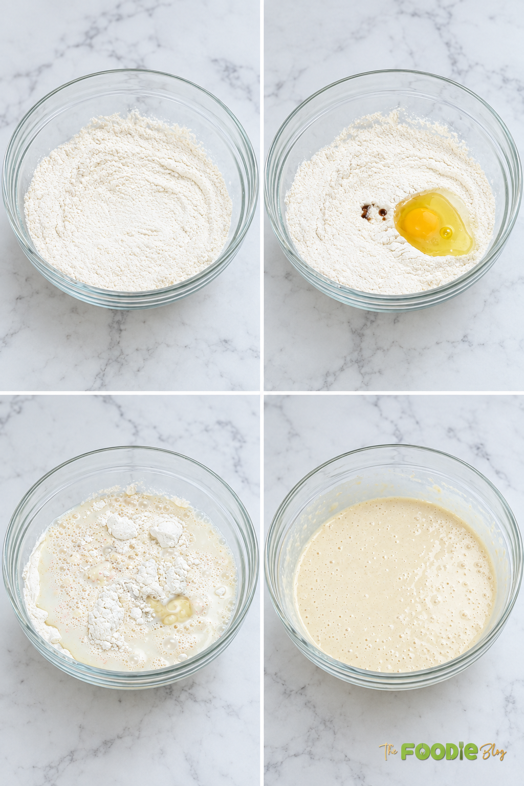 Step-by-step photos showing dry ingredients, egg and vanilla, milk, and smooth giant pancake batter.