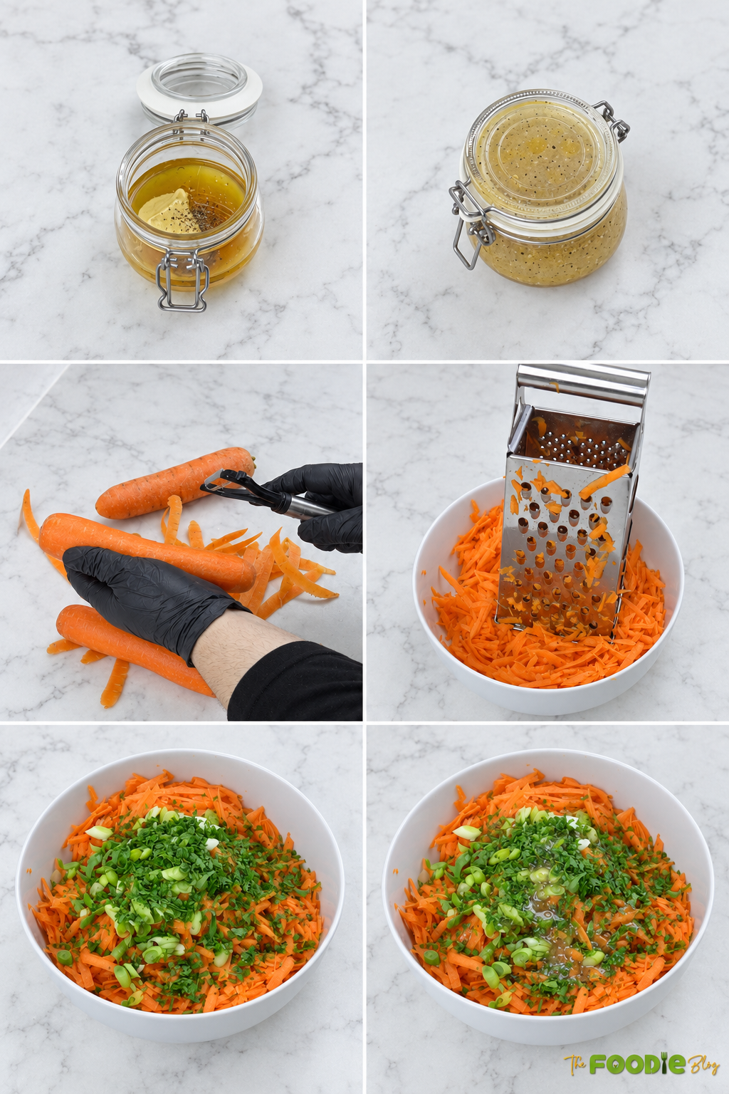 Step-by-step preparation of grated carrot salad with honey Dijon dressing.