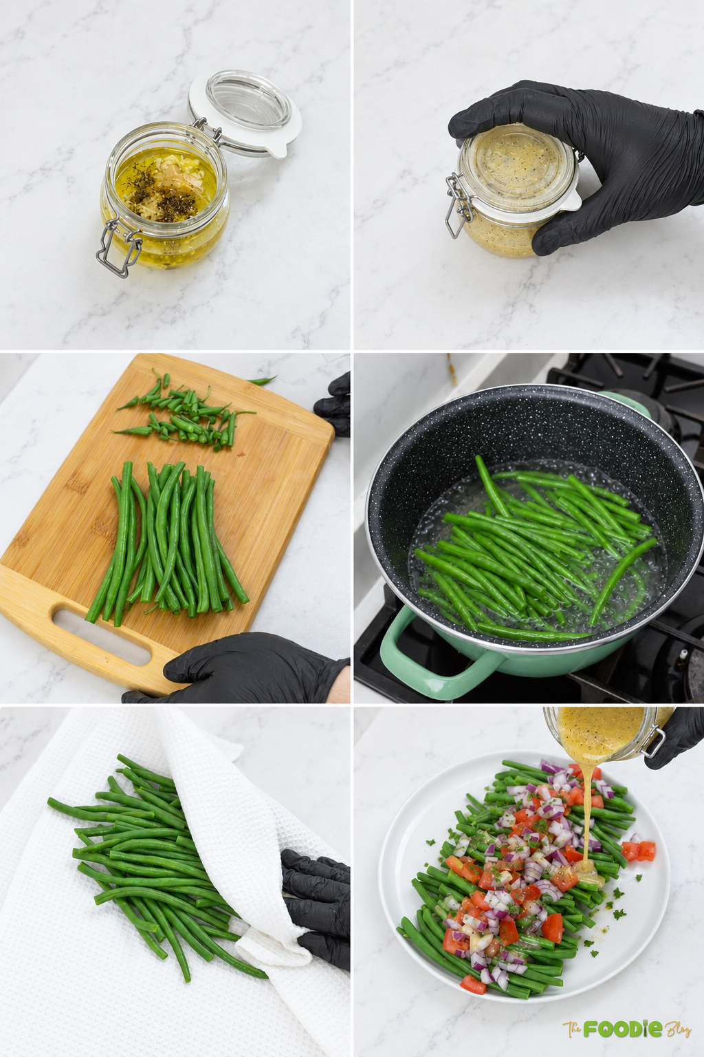 Step-by-step preparation of green bean and tomato salad with lemon Dijon dressing.