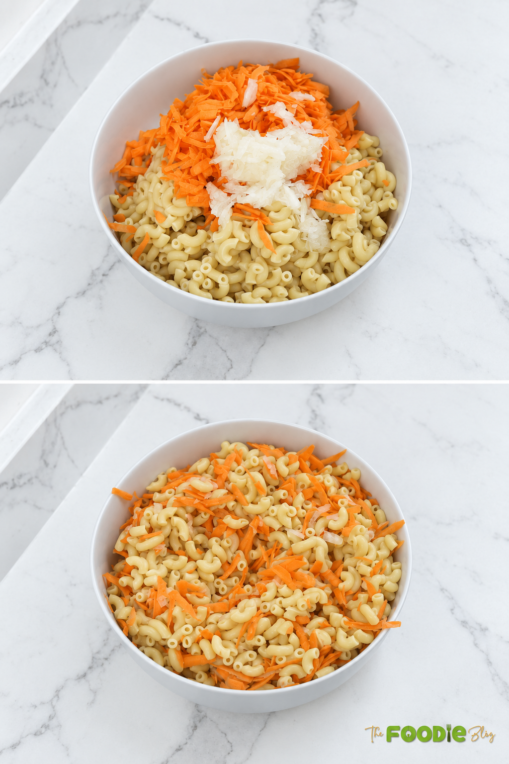 Cooked macaroni mixed with shredded carrots and grated onion for Hawaiian macaroni salad.