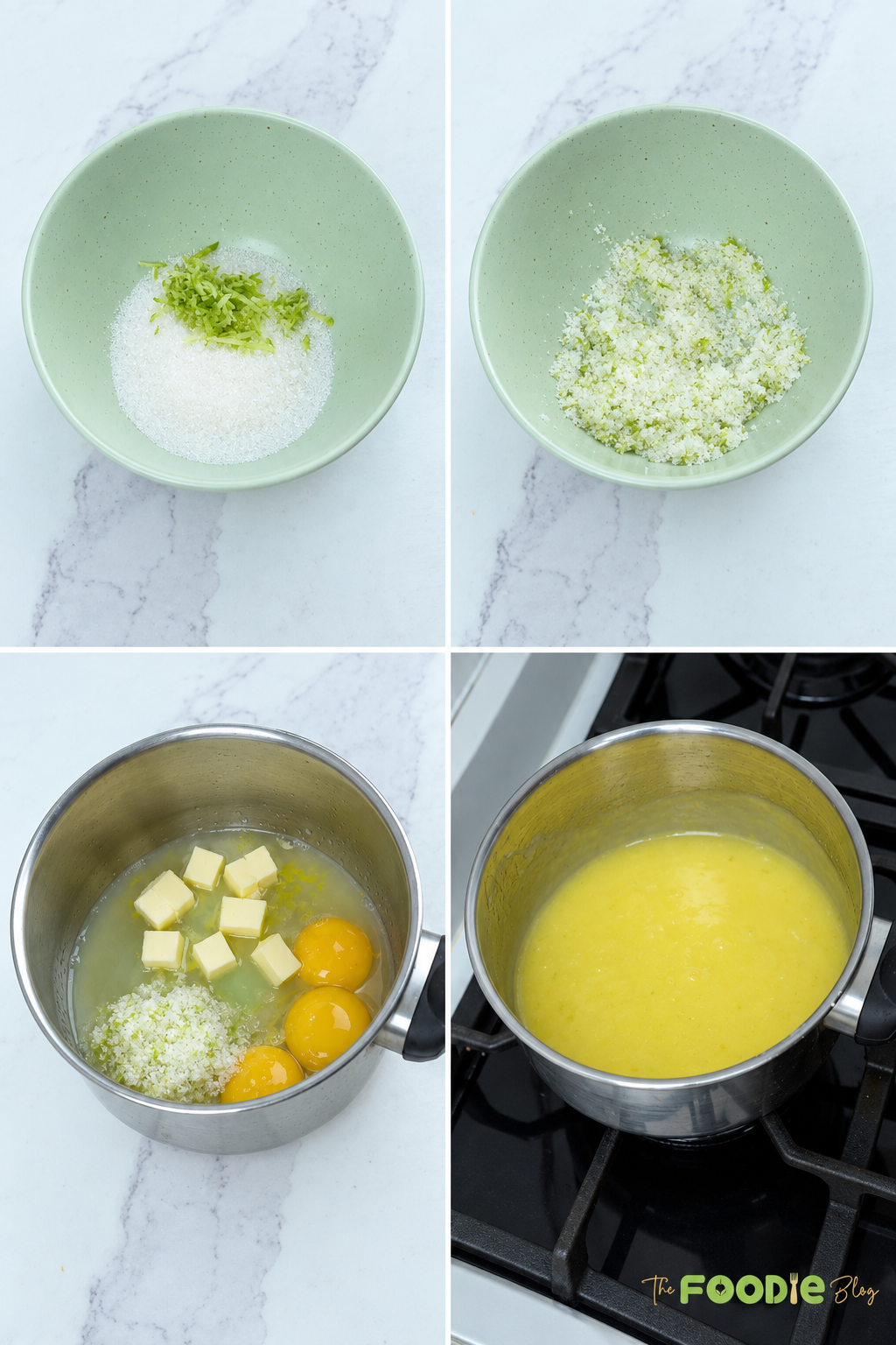 Step-by-step process for cooking homemade lime curd with sugar, lime zest, egg yolks, butter, and lime juice.