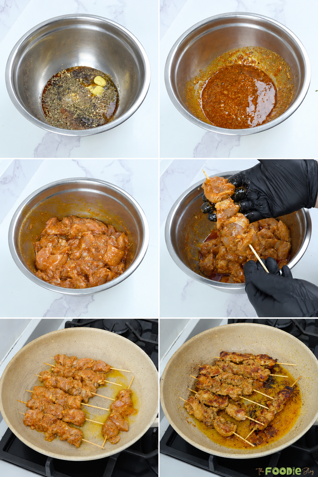 Step-by-step process of marinating chicken, threading it onto skewers, and cooking until browned.