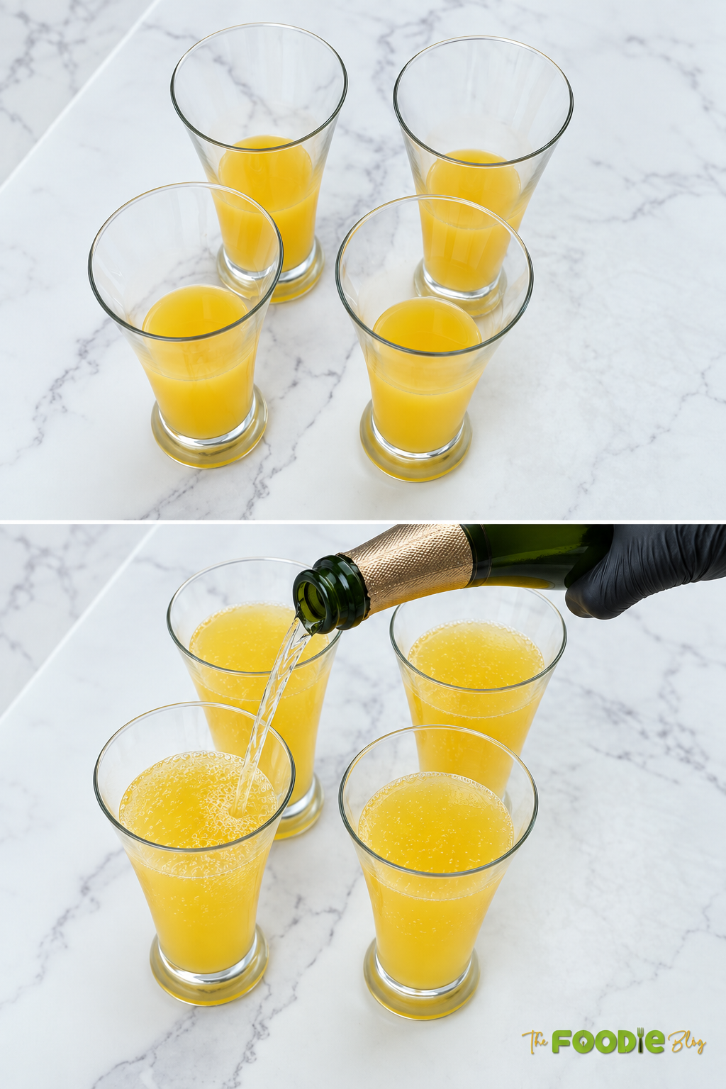 Sparkling wine being slowly poured into glasses containing chilled orange juice.