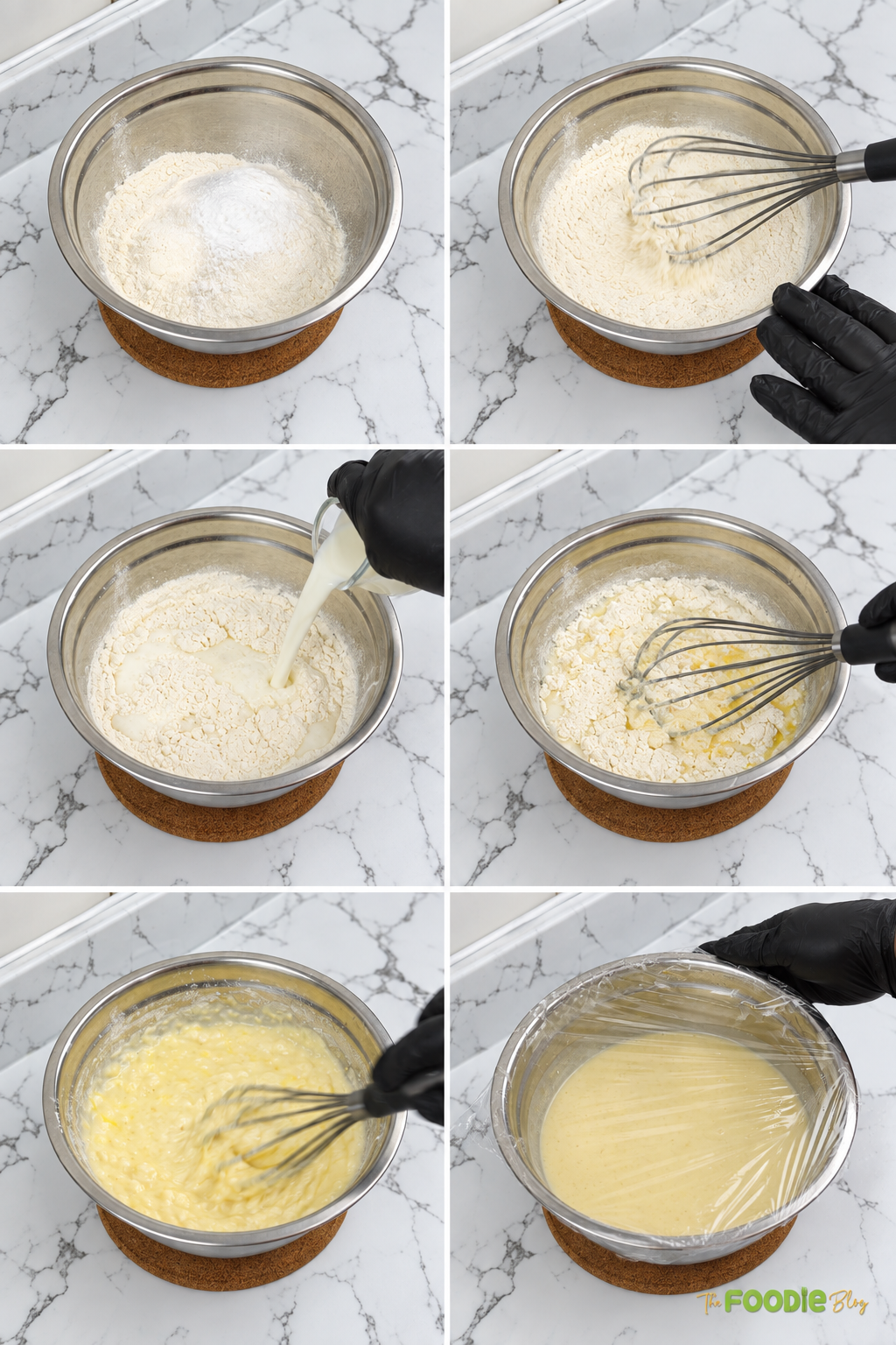 Waffle batter being mixed with a whisk and covered to rest before cooking