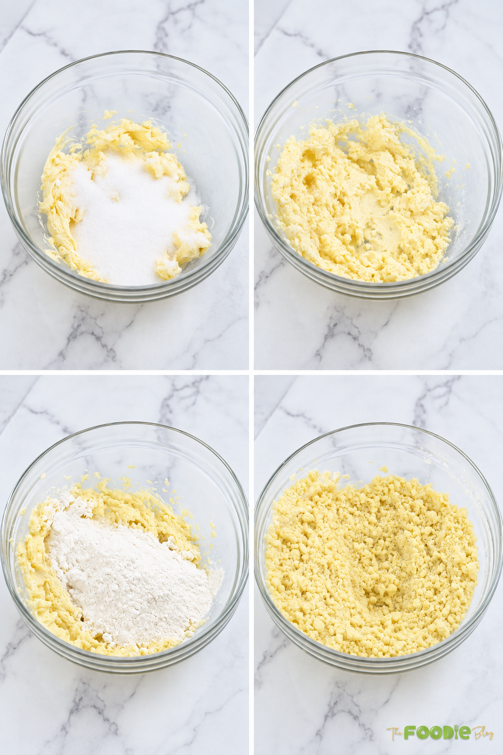 Step-by-step collage showing butter and sugar mixed together, followed by flour to form Galettes Bretonnes dough.