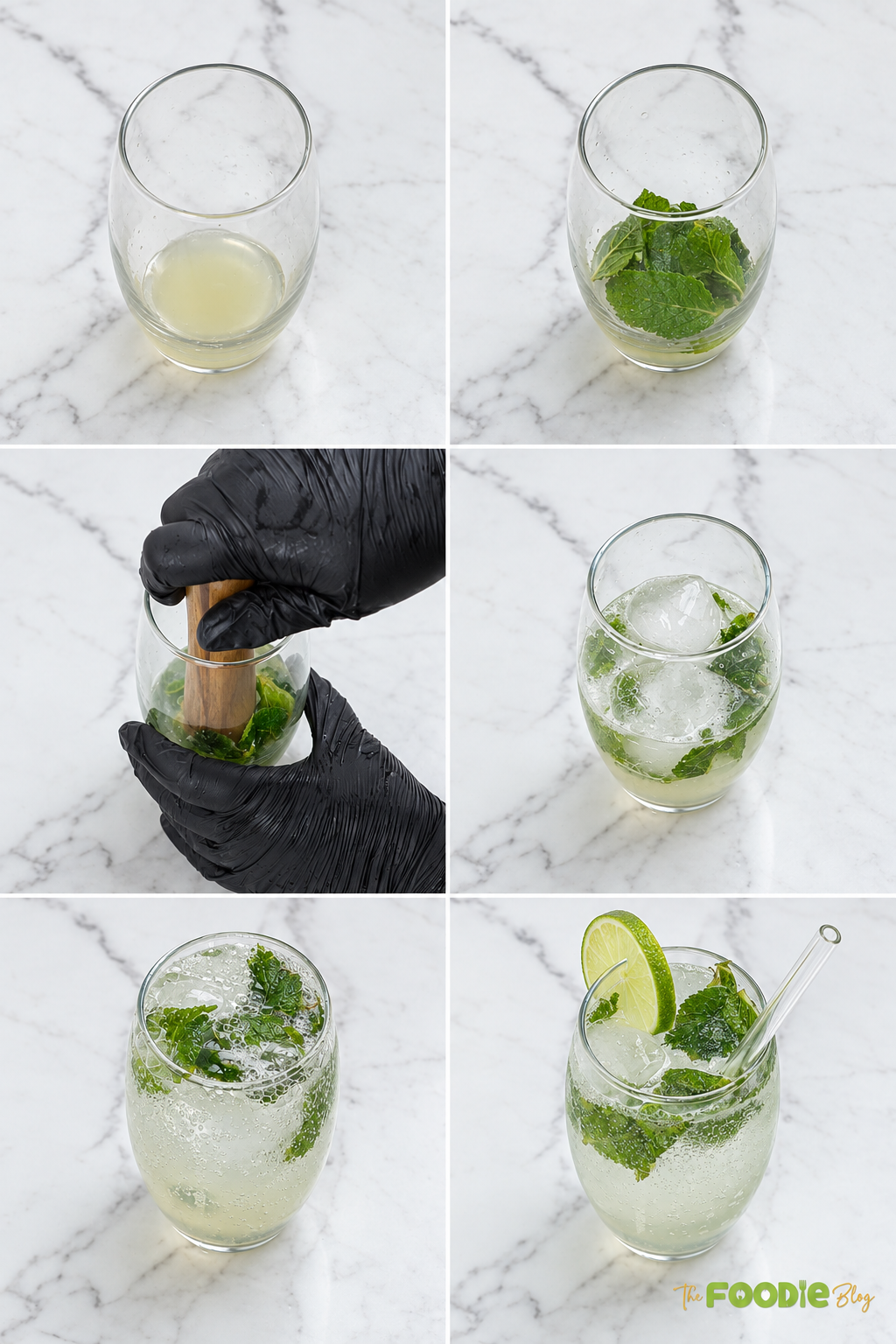 Step-by-step process for making a mojito by muddling mint and lime, adding ice, rum, syrup, and soda water.