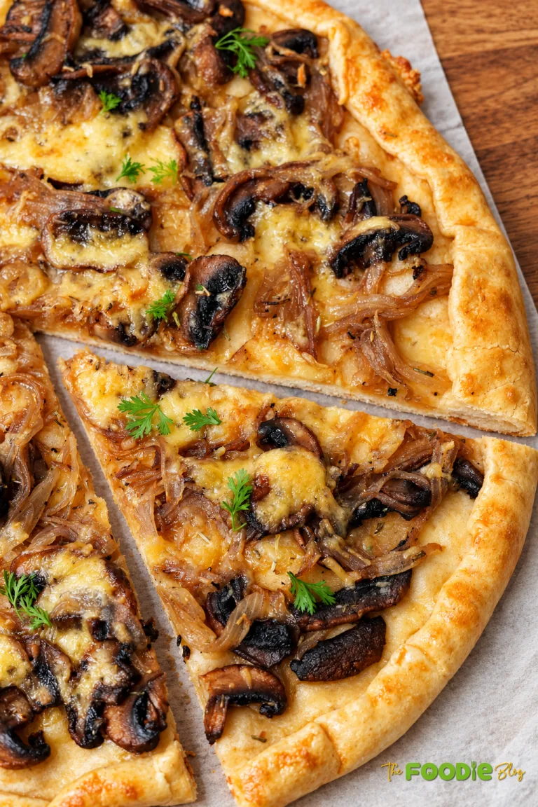 Slices of mushroom tart topped with caramelized onions, melted Gruyere cheese, and fresh herbs.
