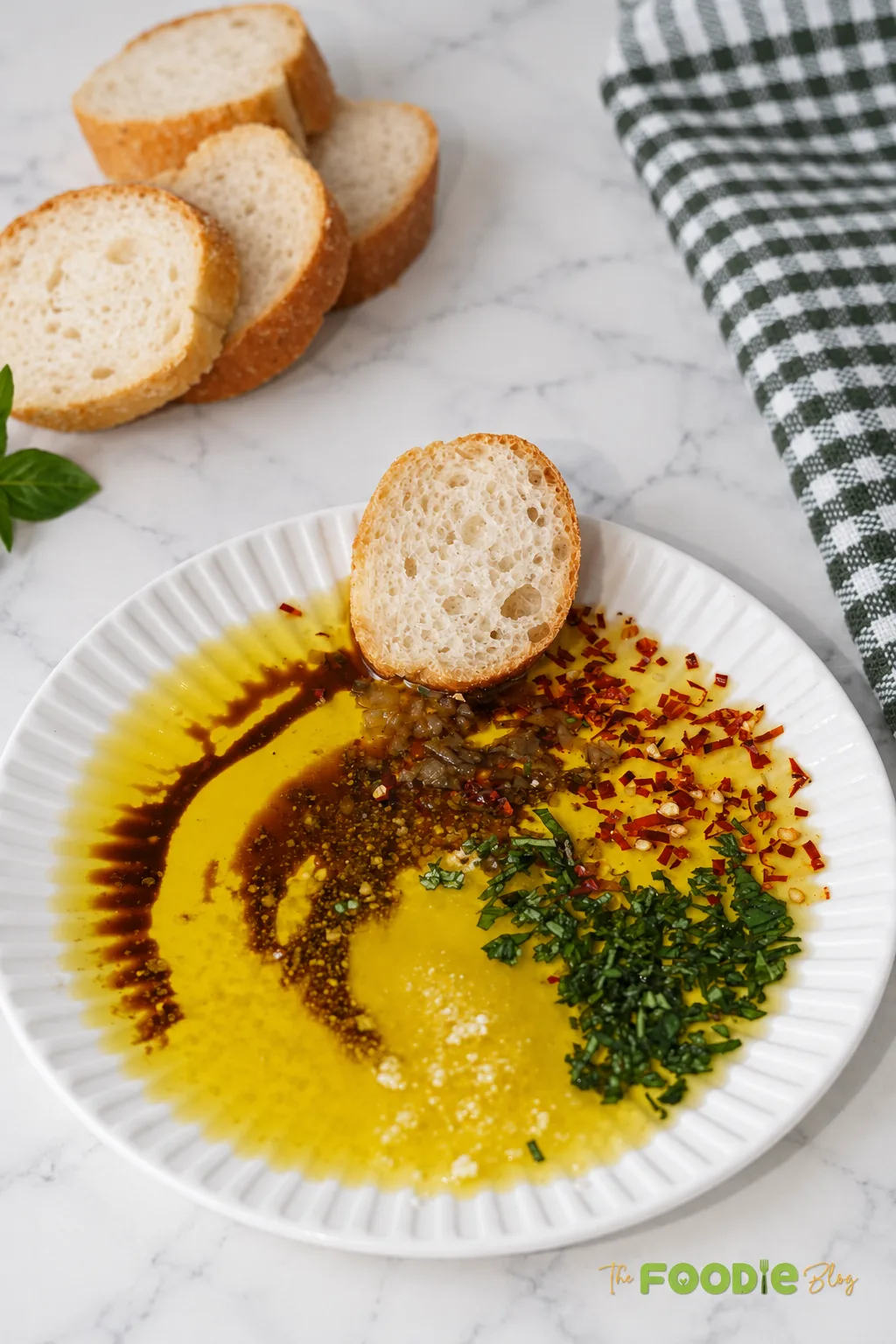 Italian olive oil bread dip with balsamic, garlic, basil, red pepper flakes, and crusty bread.