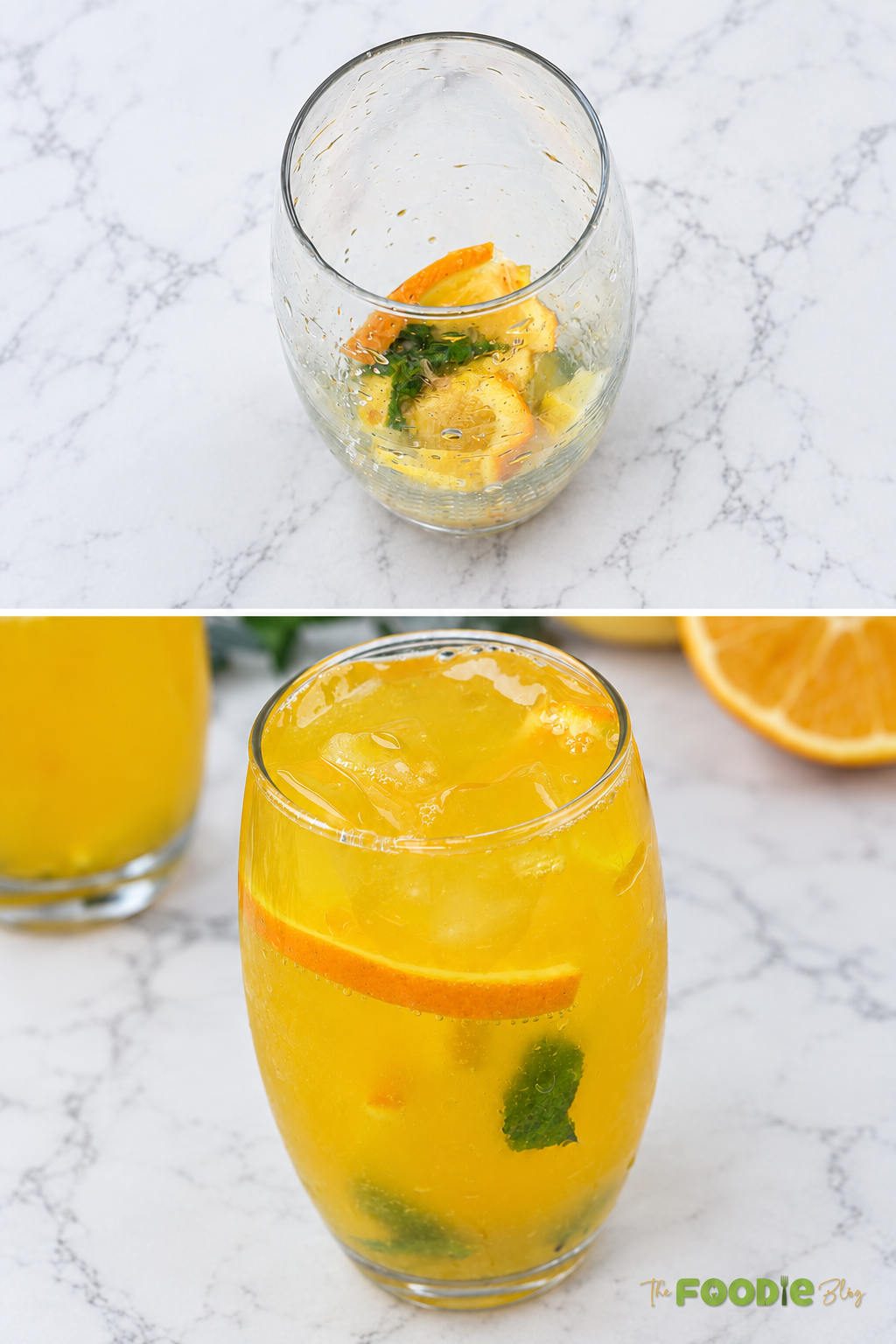 Step-by-step orange mojito preparation showing muddled citrus and mint followed by a finished drink with ice.