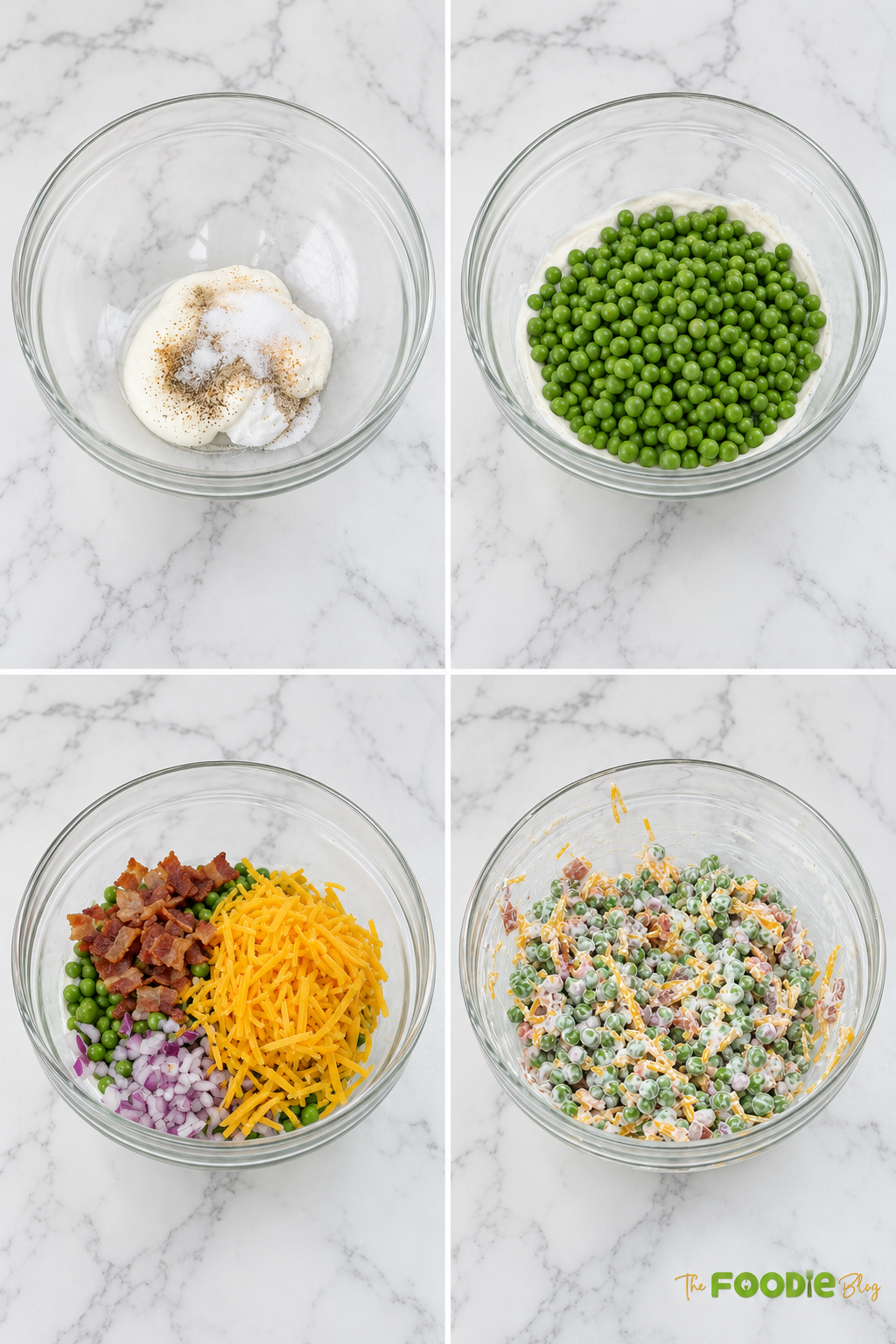 Step-by-step process for making pea salad with creamy dressing, peas, cheese, bacon, and red onion.