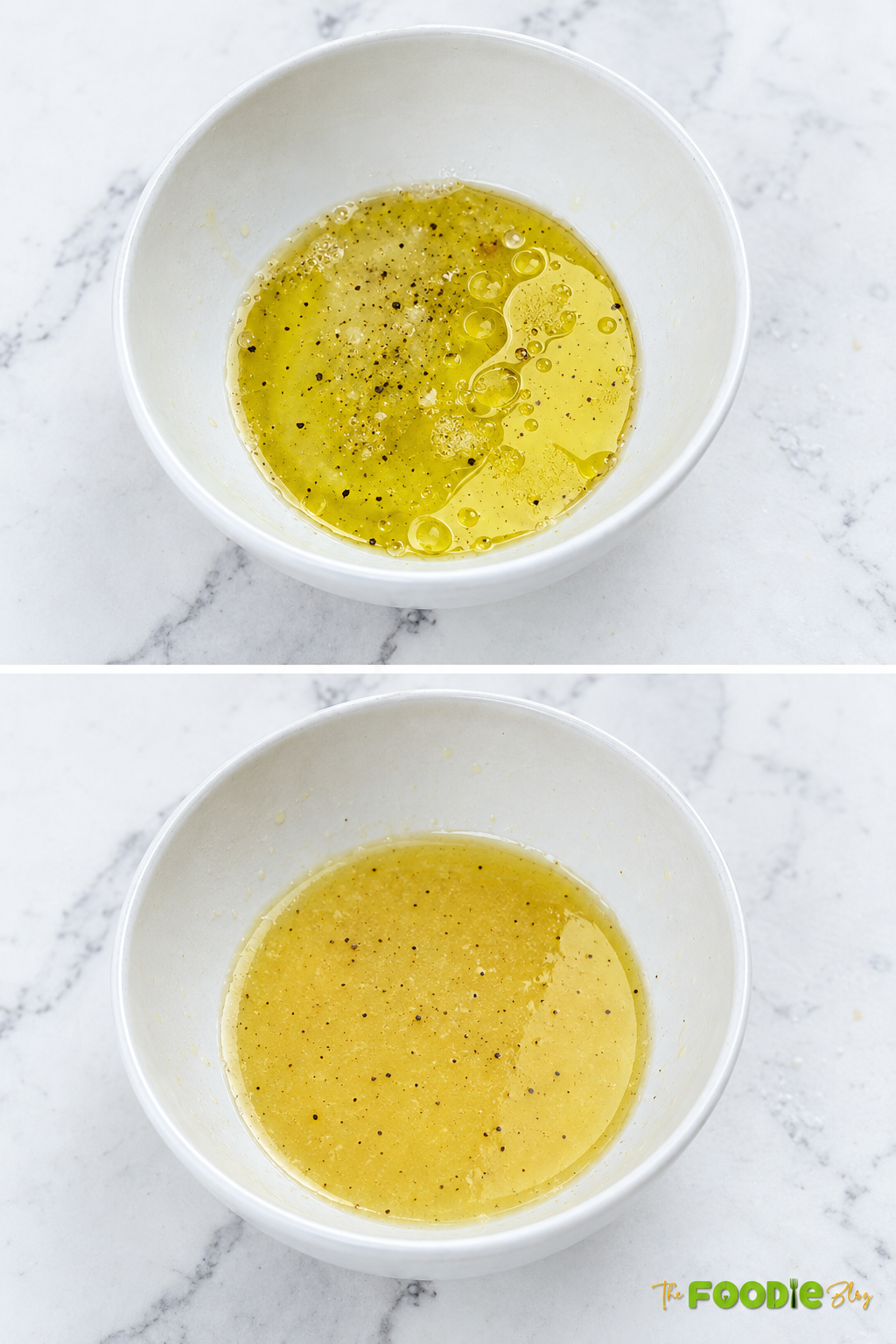 Light pineapple coleslaw dressing made with olive oil, lemon juice, vinegar, salt, and black pepper in a white bowl.