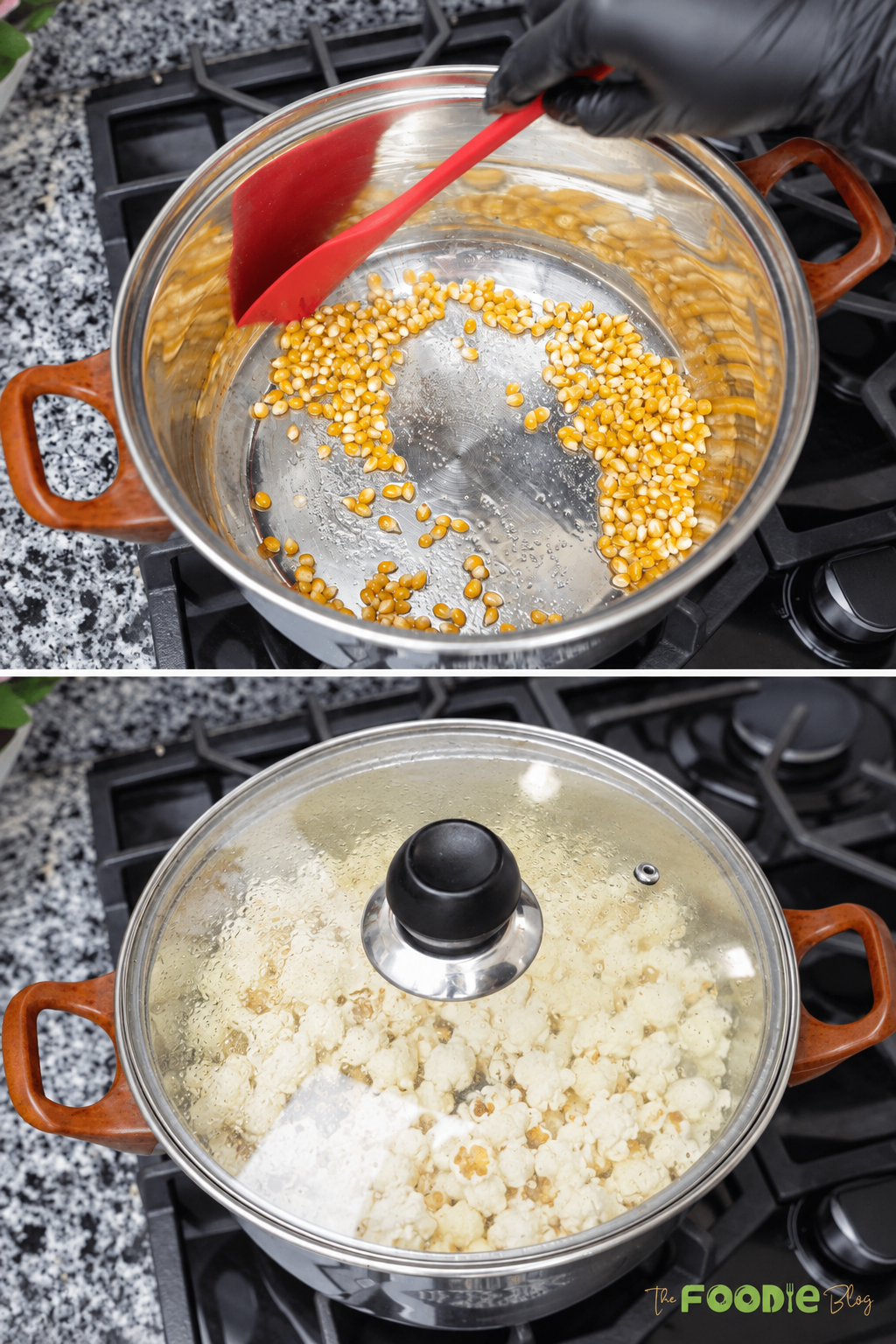 Popcorn kernels heating in a covered pot until fully popped.