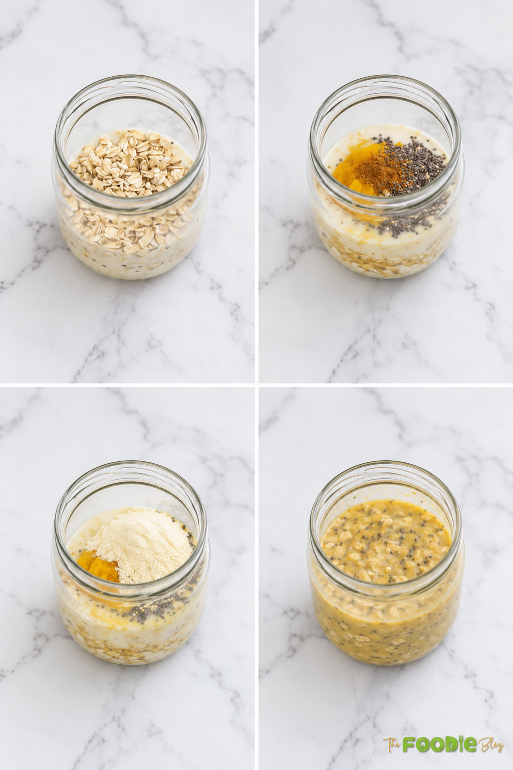 Step-by-step preparation of pumpkin overnight oats with oats, almond milk, pumpkin puree, chia seeds, spices, and protein powder in a jar.