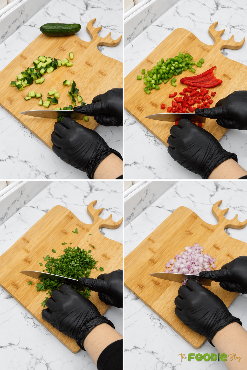 Step-by-step preparation showing cucumber, bell peppers, parsley, and red onion being chopped for red bean salad.