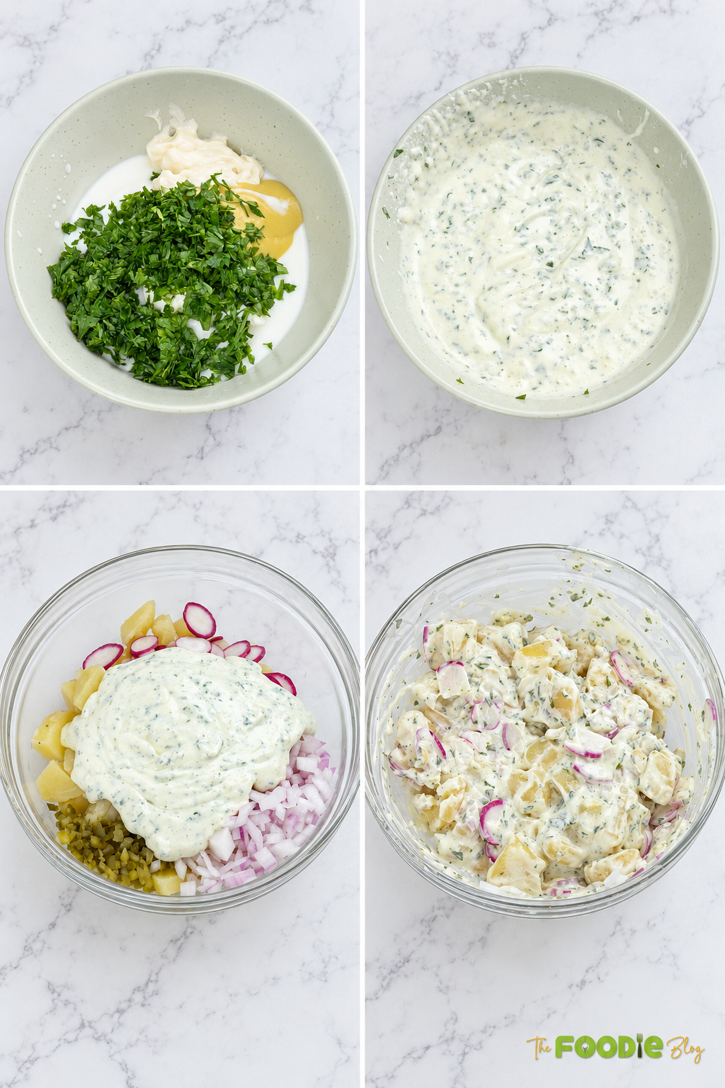 Step-by-step photos showing creamy dressing mixed and combined with potatoes, radishes, pickles, and red onion.