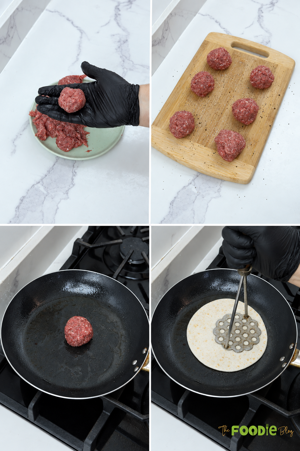 Step-by-step preparation showing ground beef shaped into balls and smashed onto flour tortillas in a skillet.