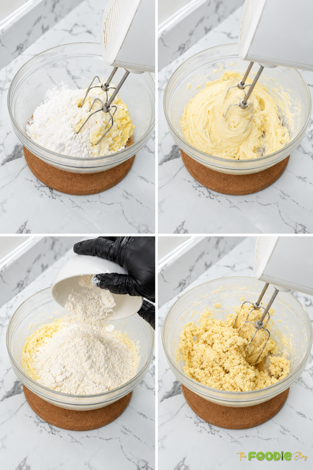 Step-by-step process of mixing butter, icing sugar, egg, vanilla, and flour for strawberry shortbread cookie dough.