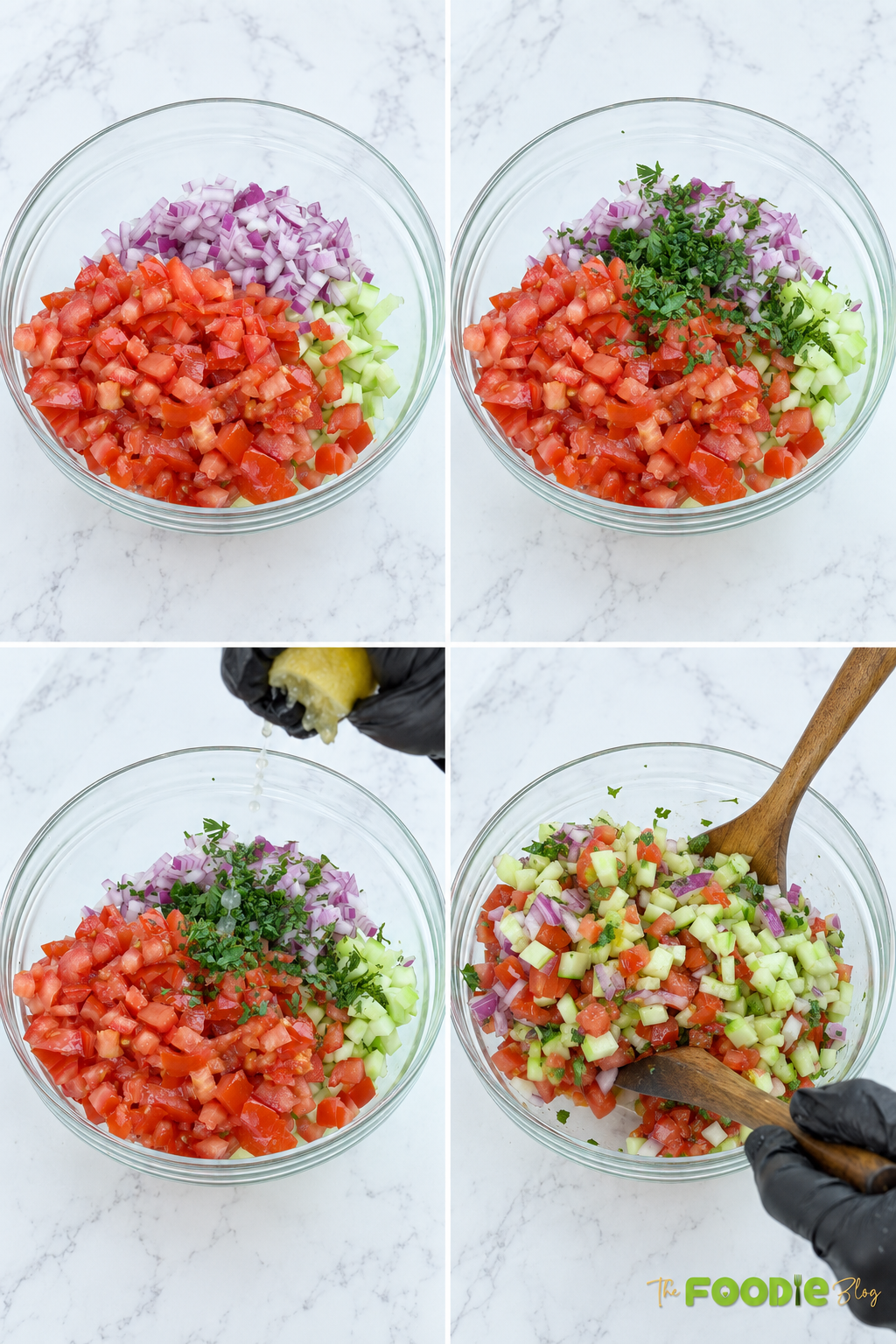 Step-by-step photos showing tomatoes, cucumbers, red onion, mint, parsley, and lemon juice being mixed for tomato cucumber salad.