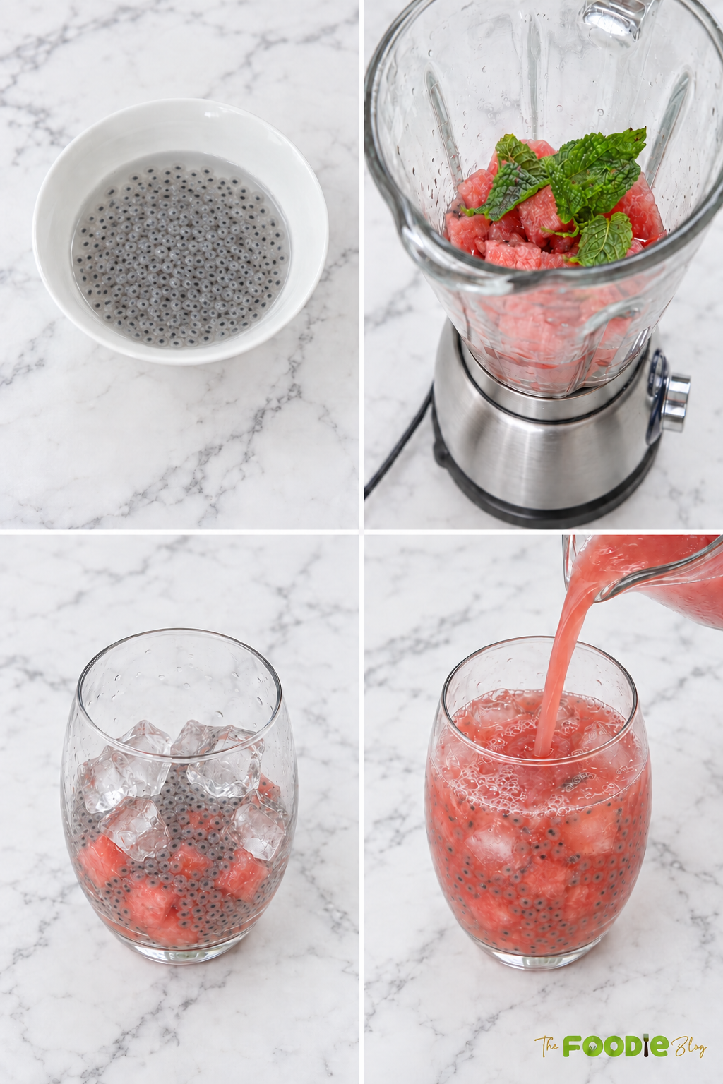Step-by-step process for making watermelon lemonade with soaked basil seeds, watermelon, mint, and ice.