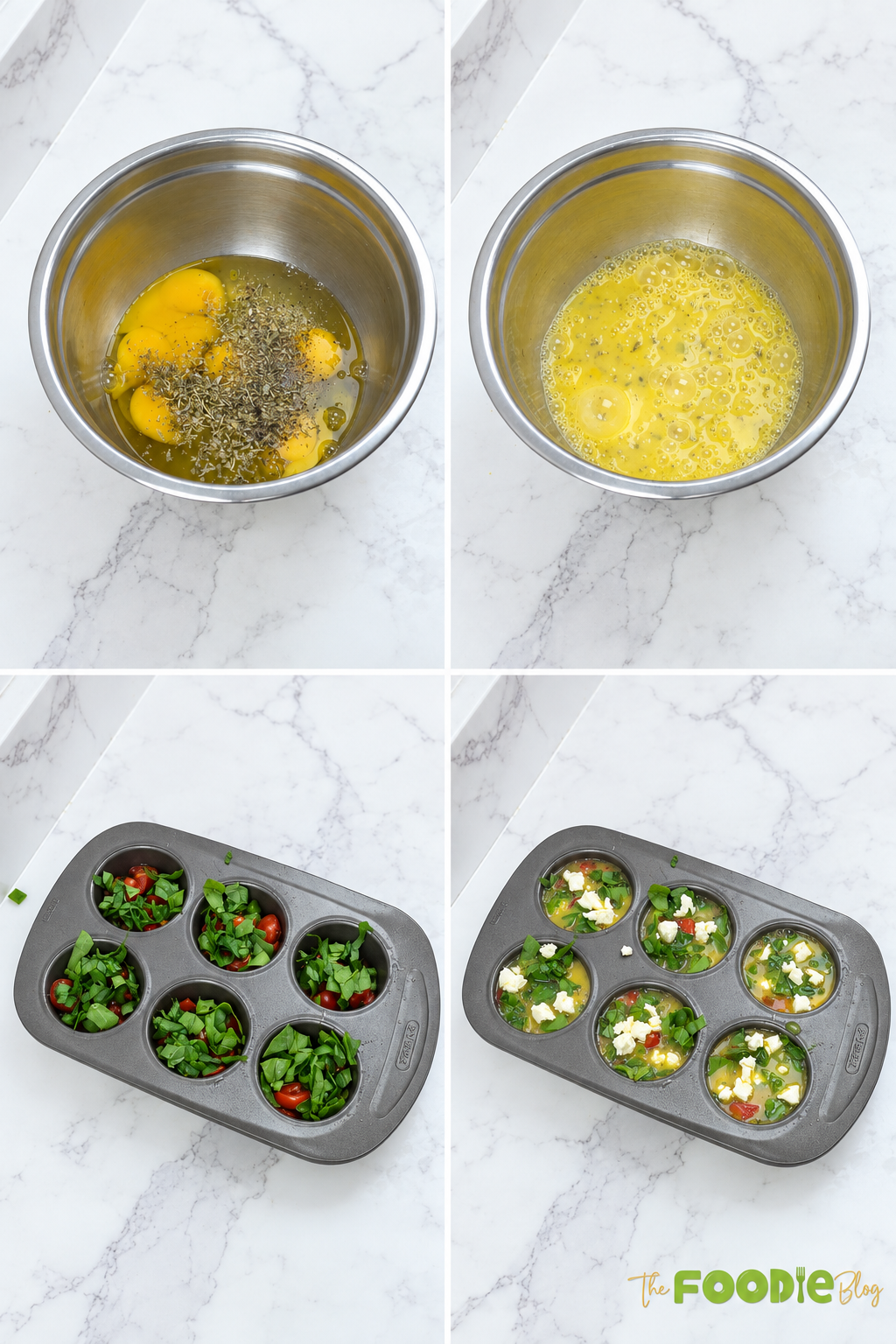 Step-by-step photos showing seasoned eggs whisked and vegetables added to a muffin pan.