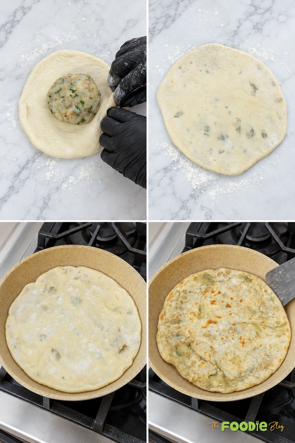 Four-step collage showing potato filling placed in flatbread dough, stuffed paratha rolled flat, and paratha cooked until golden in a skillet.