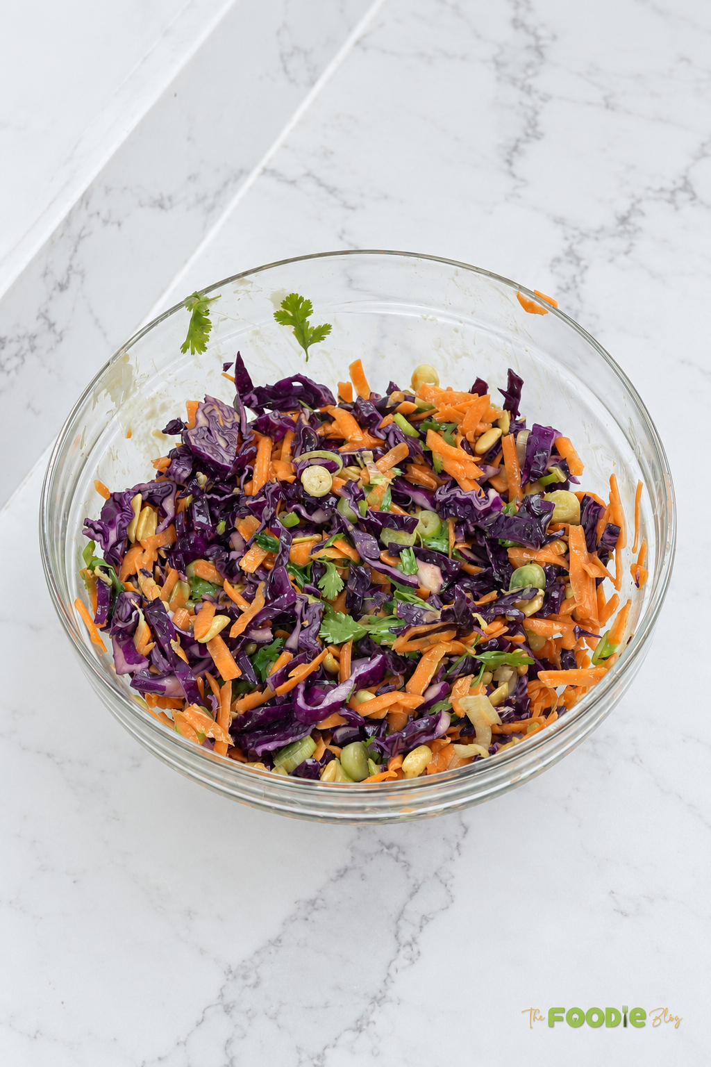 Freshly mixed Asian slaw with purple cabbage, carrots, peanuts, green onions, and cilantro.
