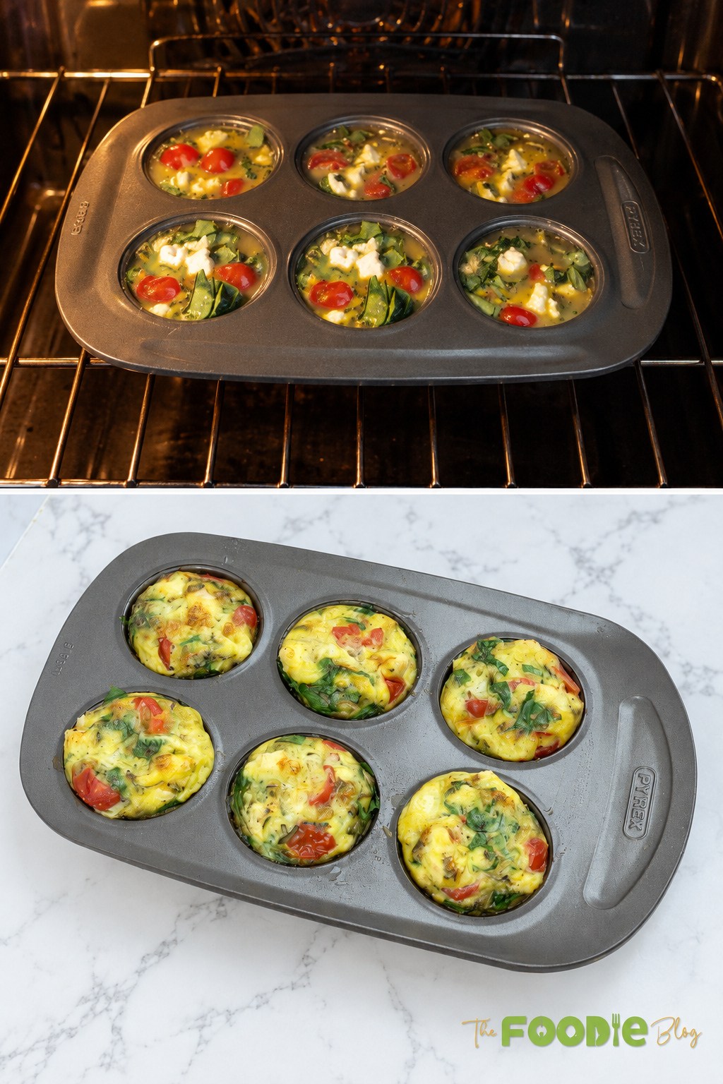 Egg muffins with spinach, tomatoes, peppers, and feta before and after baking.