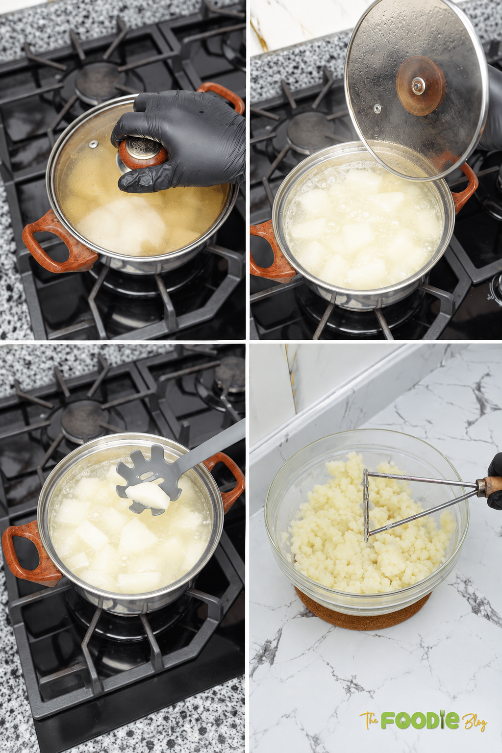 Potato chunks boiling until tender and then being mashed in a mixing bowl.