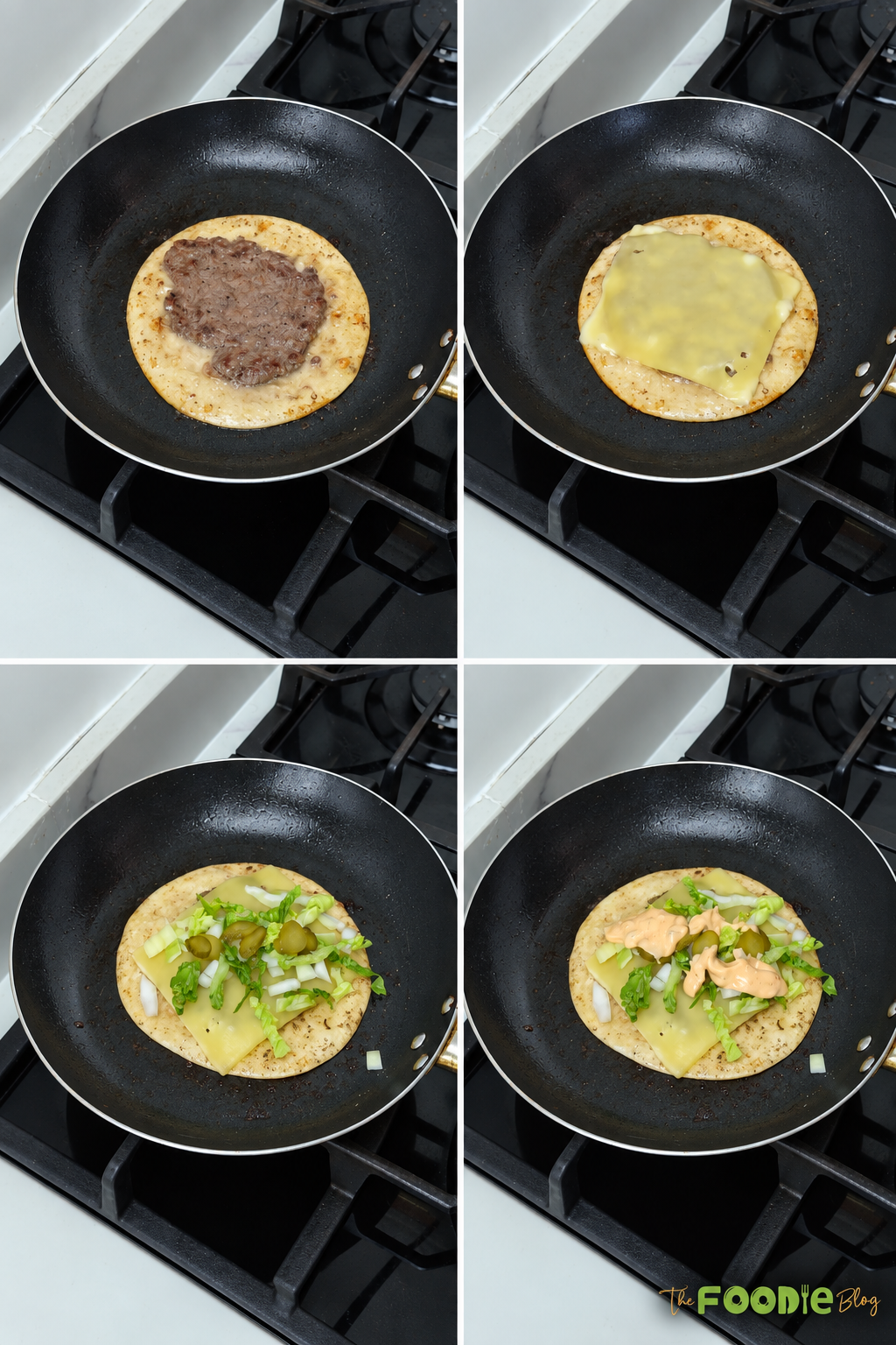 Step-by-step smash burger taco assembly with melted cheese, lettuce, pickles, onions, and burger sauce added in a skillet.