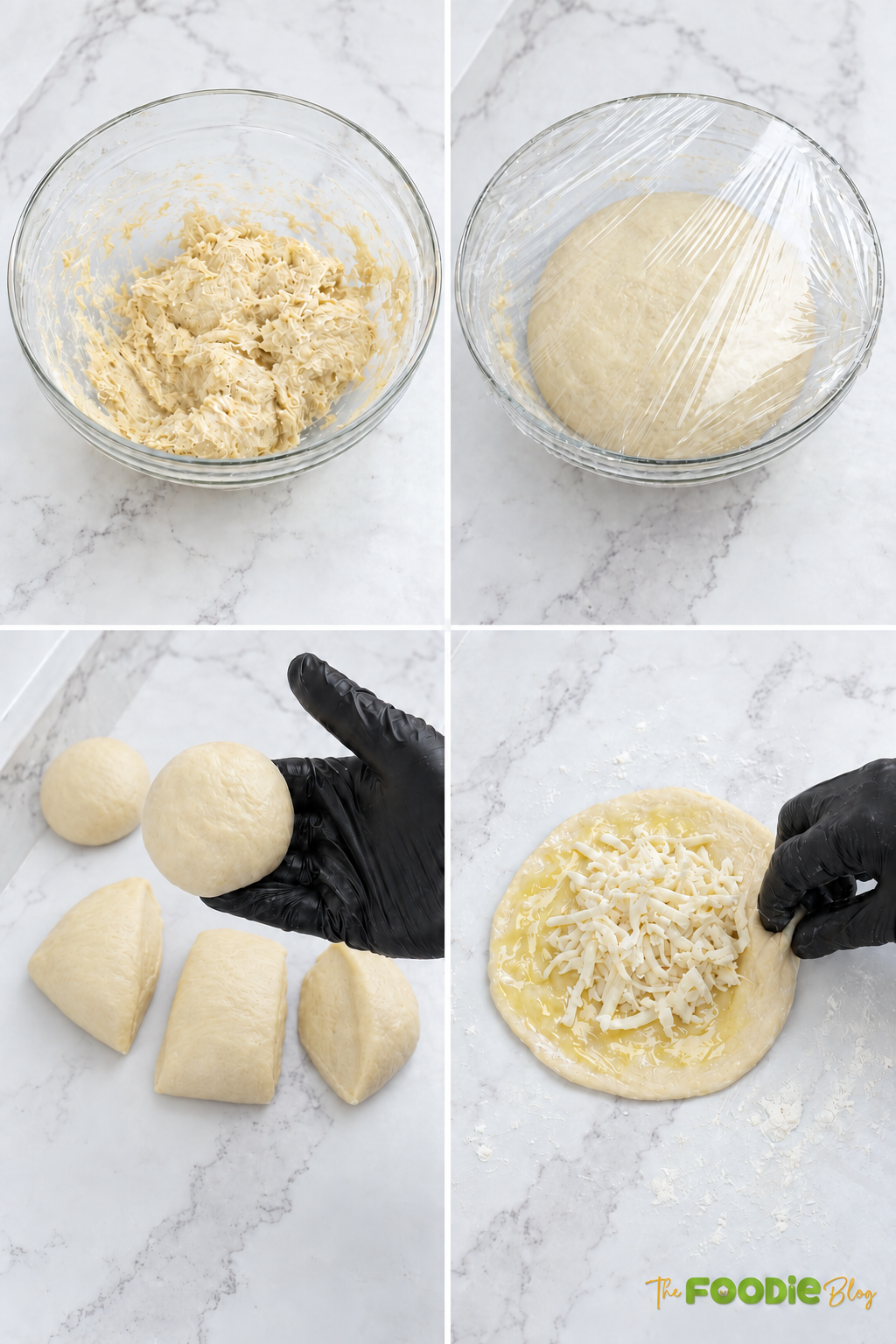 Step-by-step photos showing risen naan dough divided into portions and filled with shredded mozzarella cheese.