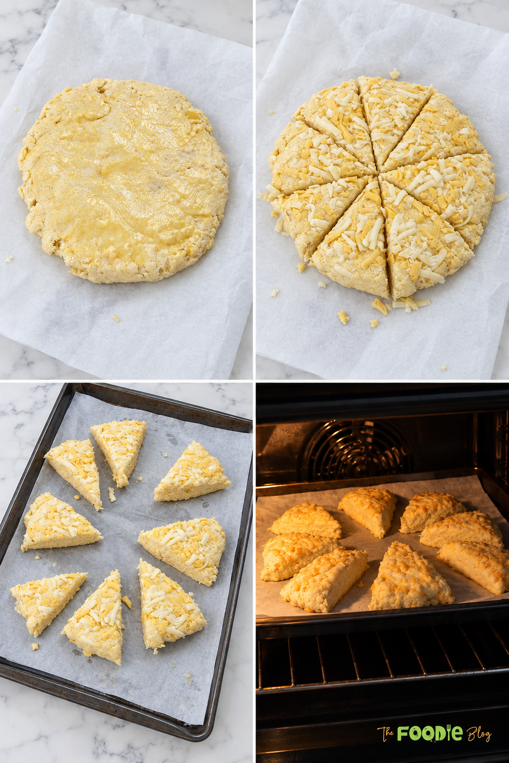 Step-by-step photos showing cheddar scone dough shaped, cut into wedges, topped with cheese, and baked.