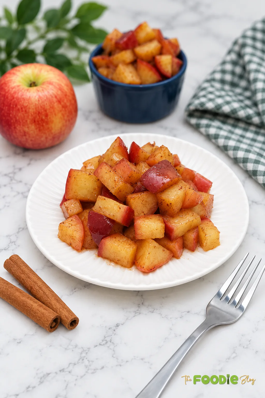 Maple cinnamon apples served warm with cinnamon sticks and fresh apple