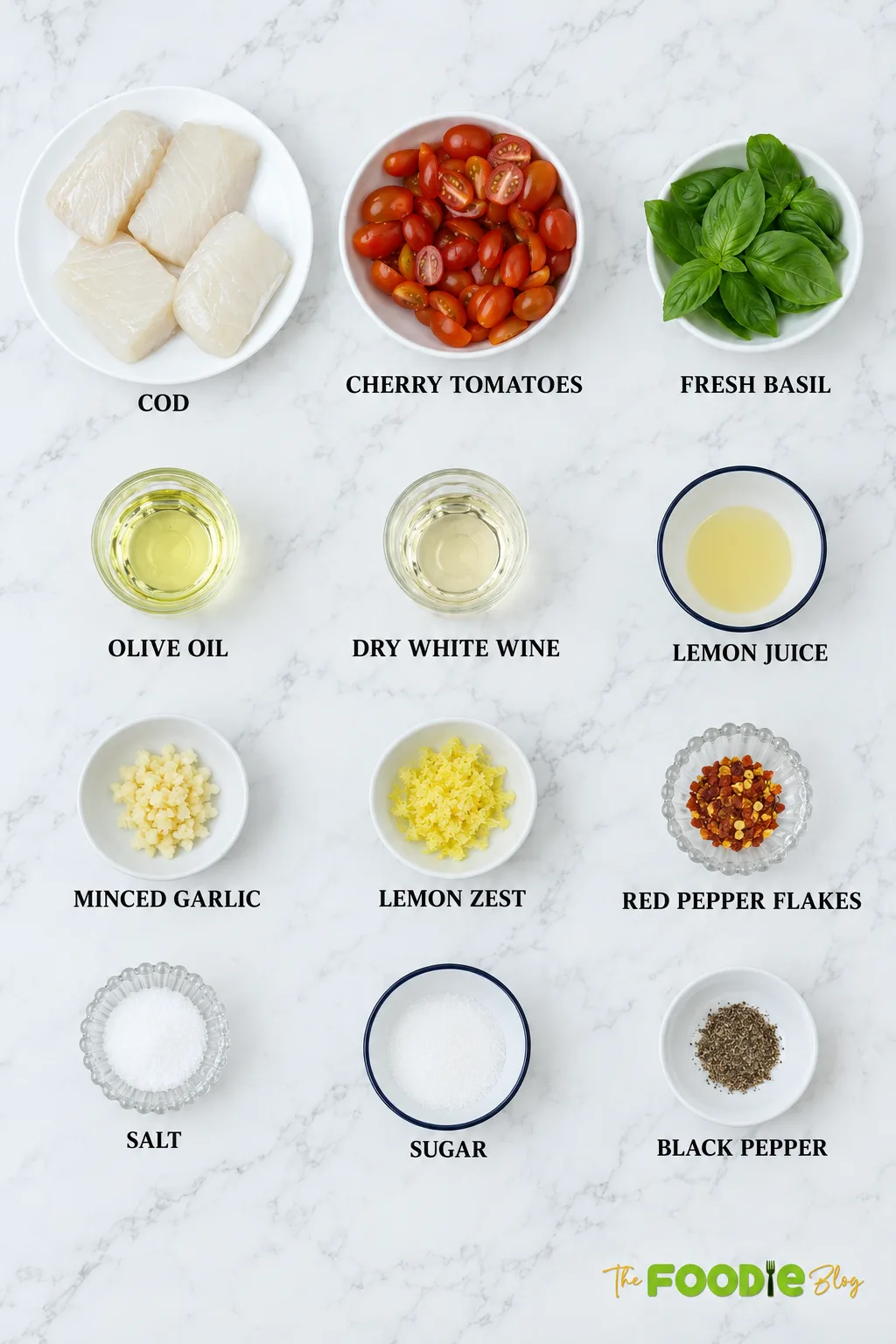 Ingredients for cod tomato basil sauce including cod, cherry tomatoes, basil, white wine, lemon, garlic, and olive oil.
