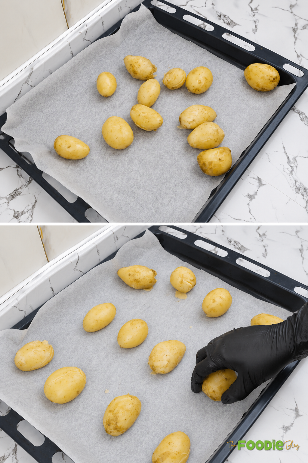 Boiled potatoes arranged on a parchment-lined baking sheet before smashing.