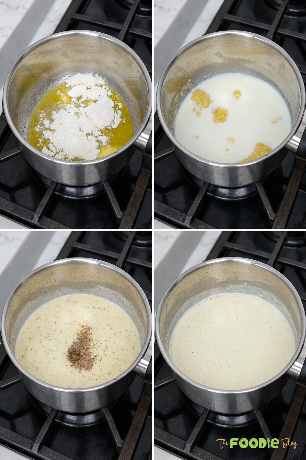 Step-by-step photos showing Croque Madame bread cups filled with ham, eggs, and Gruyere cheese before baking.