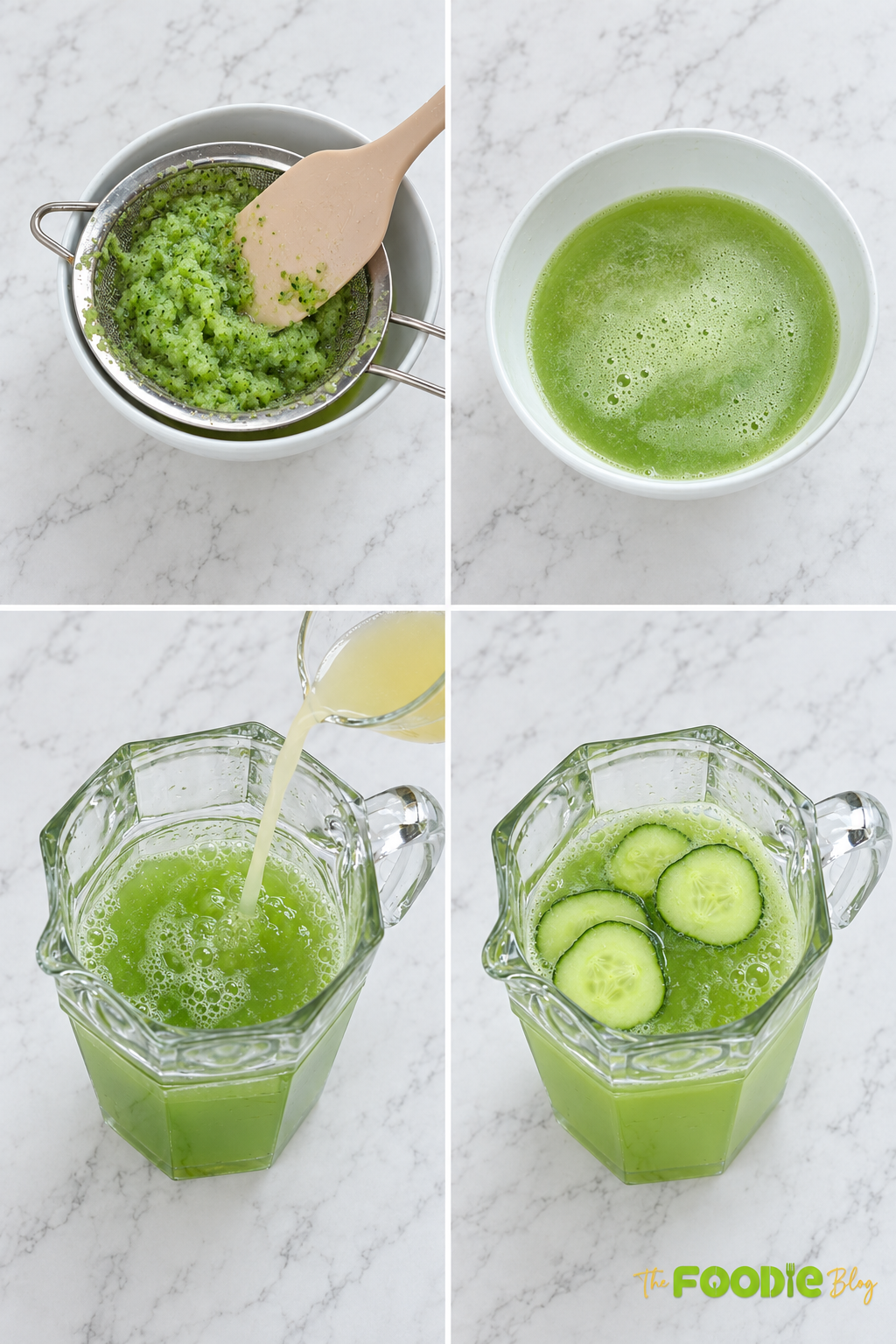Step-by-step process of straining blended cucumber and mixing cucumber juice with lemon juice.