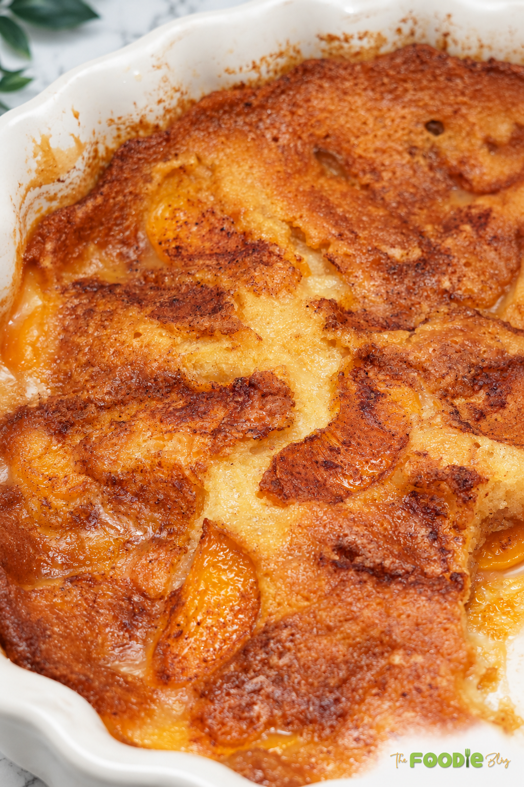 Close-up of easy canned peach cobbler with a crisp golden brown topping and baked peaches.