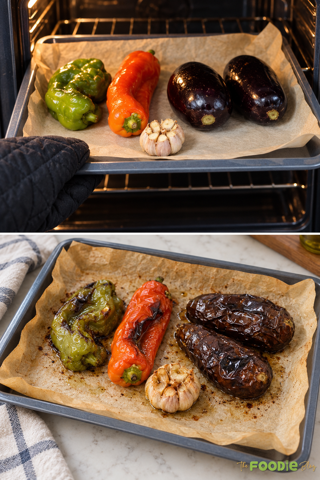 Roasted eggplants, bell peppers, and garlic on a baking sheet before making chickpea salad.