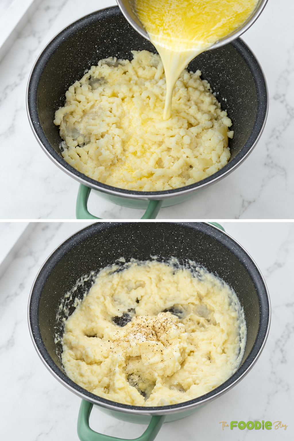 Warm cream and melted butter being poured into mashed potatoes before seasoning.