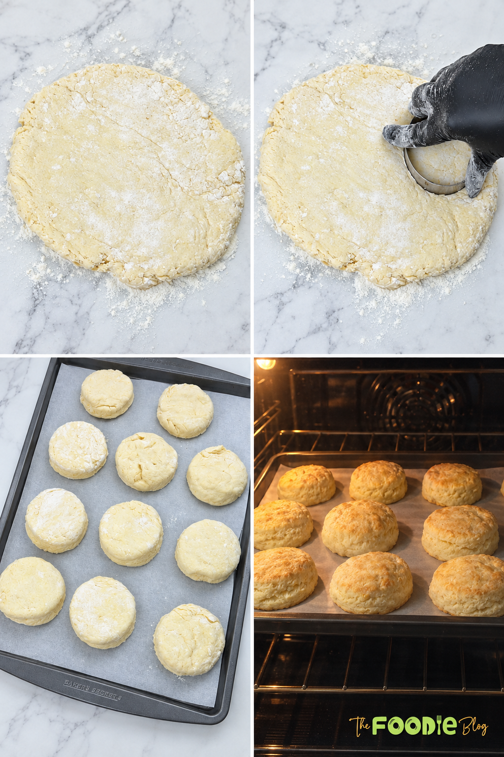 Step-by-step photos showing English scone dough rolled, cut into rounds, and baked until golden.
