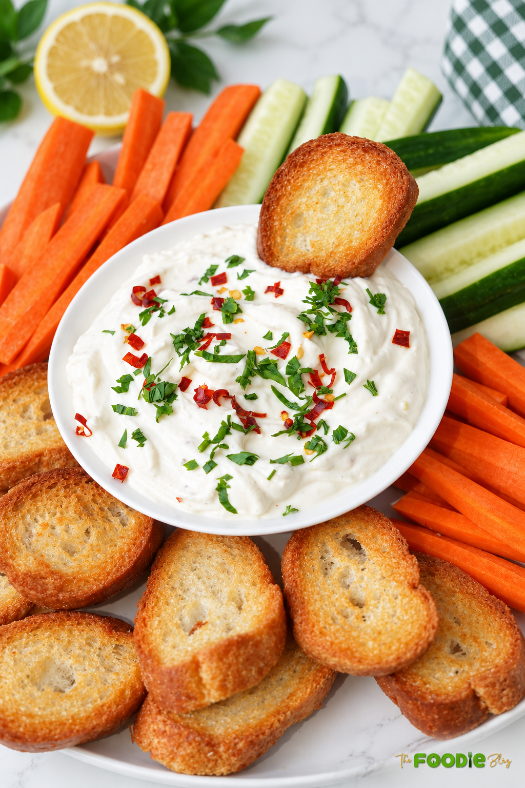 Close-up of whipped feta cream cheese dip with red pepper flakes, herbs, crostini, carrots, and cucumbers.