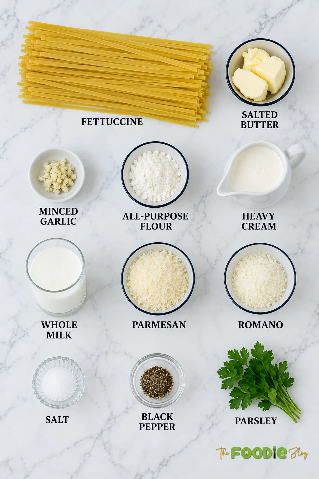 Fettuccine Alfredo ingredients including pasta, butter, garlic, flour, cream, milk, Parmesan, Romano, salt, pepper, and parsley.