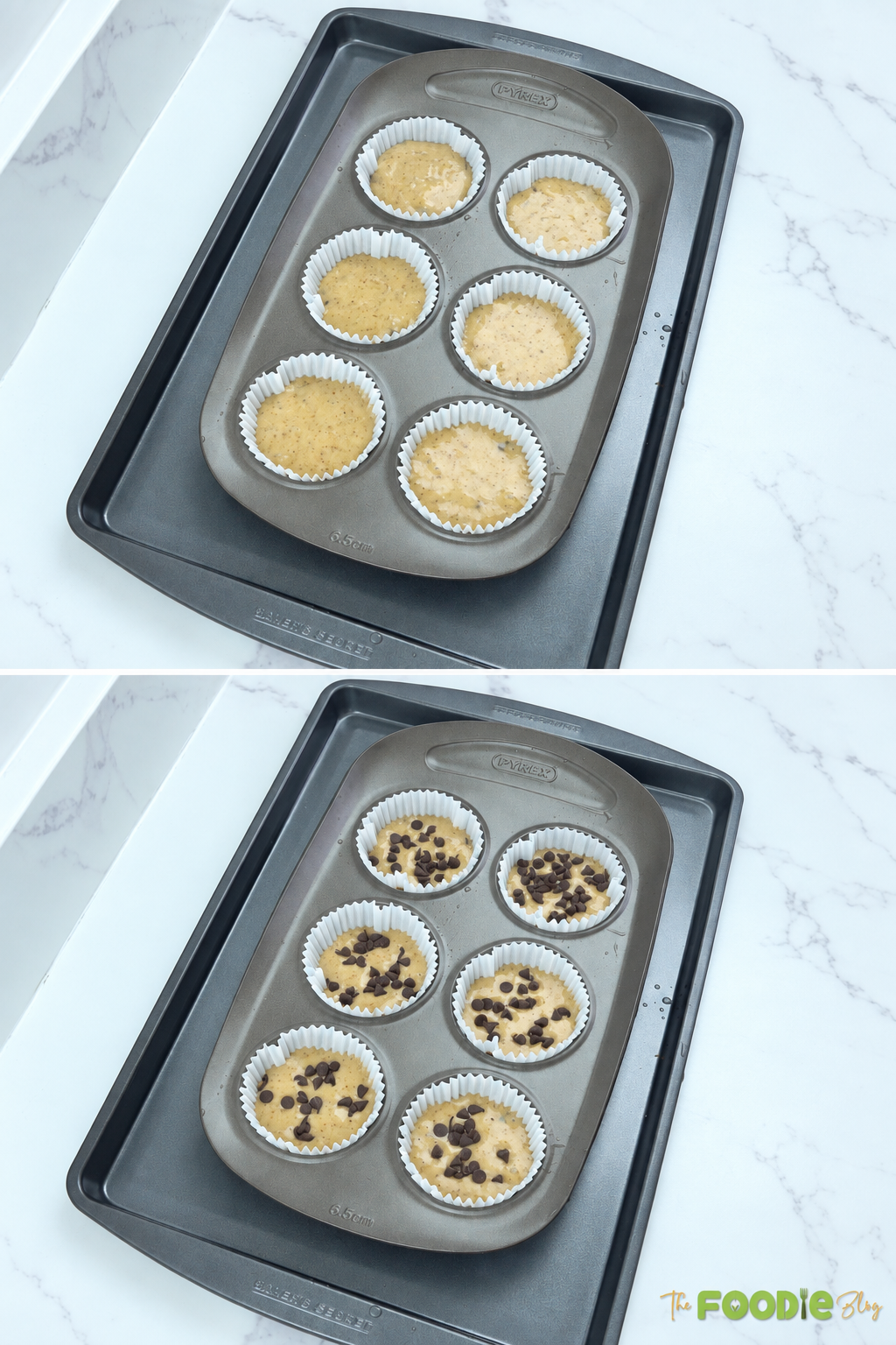 Banana protein muffin batter divided into paper liners and topped with chocolate chips.