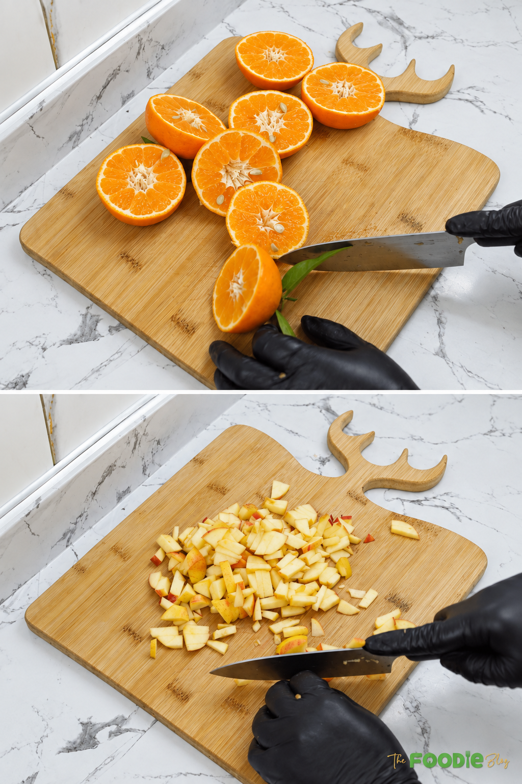Fresh oranges being cut and apples being diced for fruit salad.