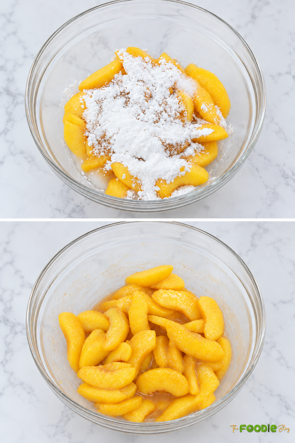 Fresh peach slices mixed with sugar, cornstarch, cinnamon, vanilla, and lemon juice for peach pie filling.
