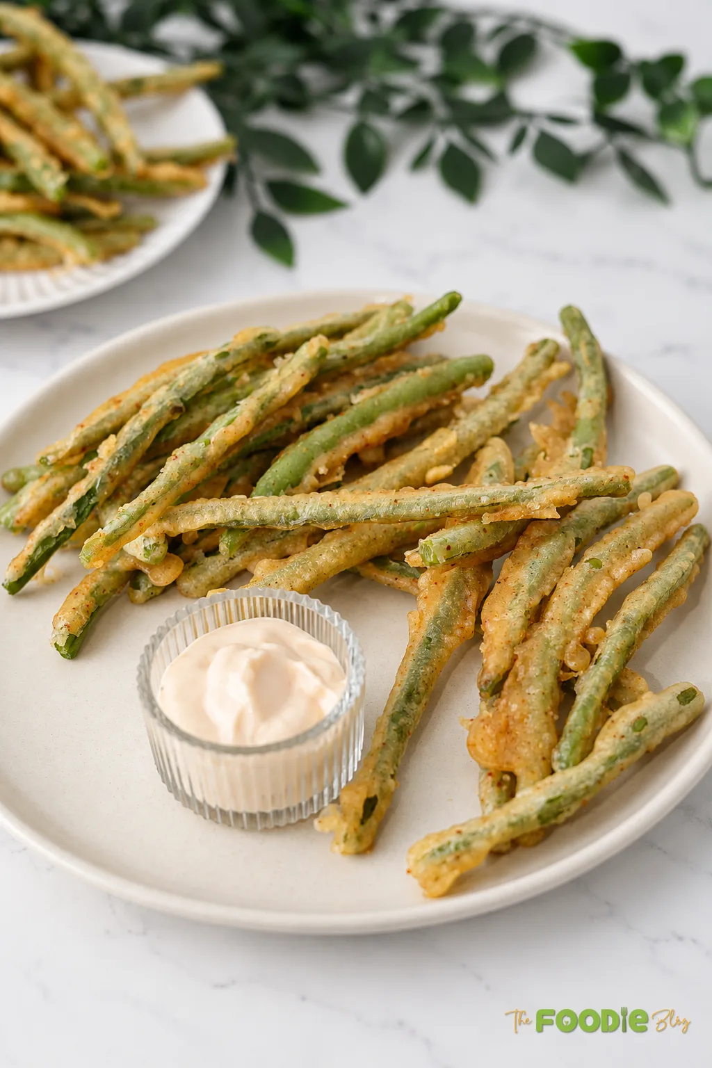 Crispy battered fried green beans with creamy dipping sauce ready to serve.