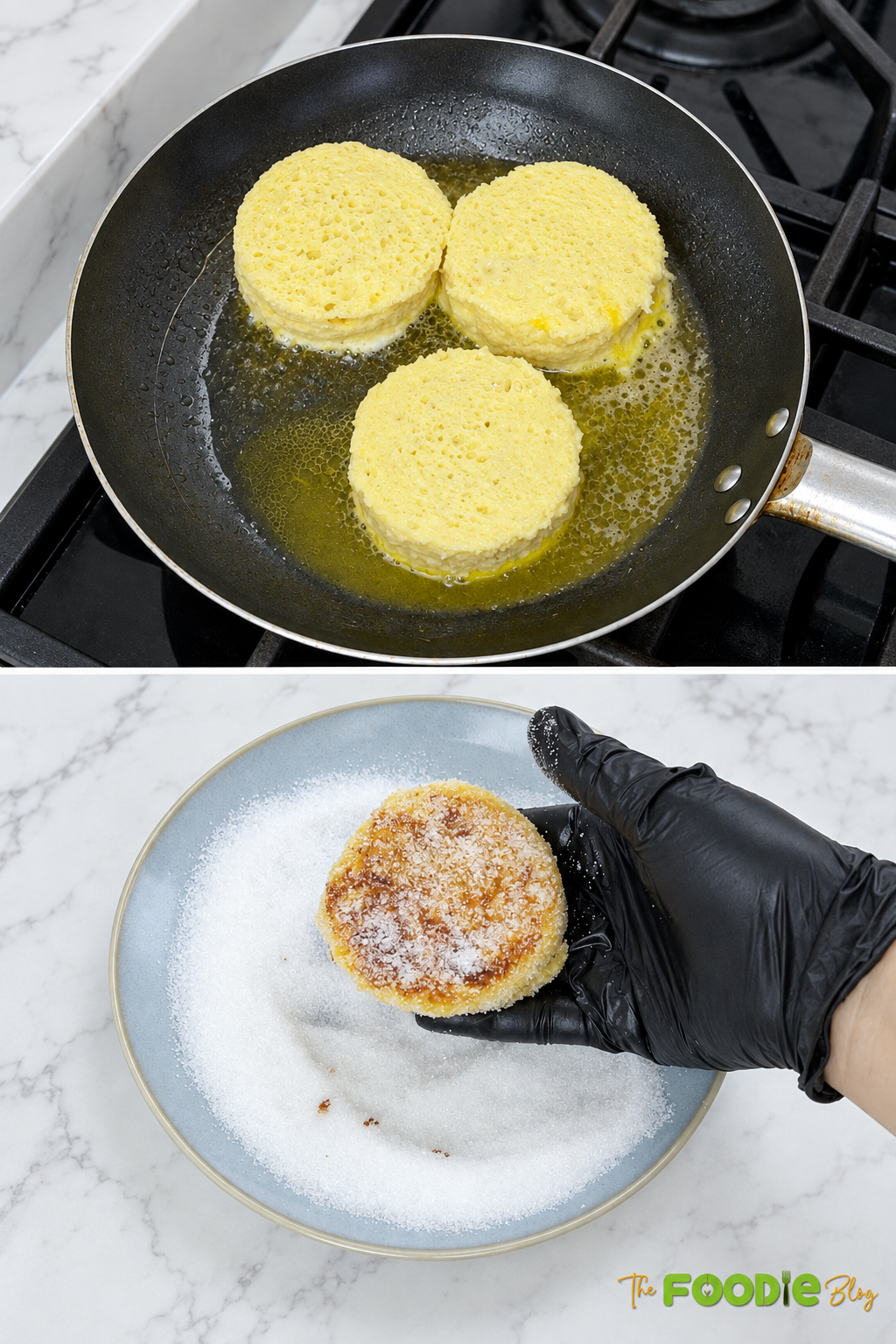 Stuffed French toast rounds frying in butter and being coated in sugar after cooking.