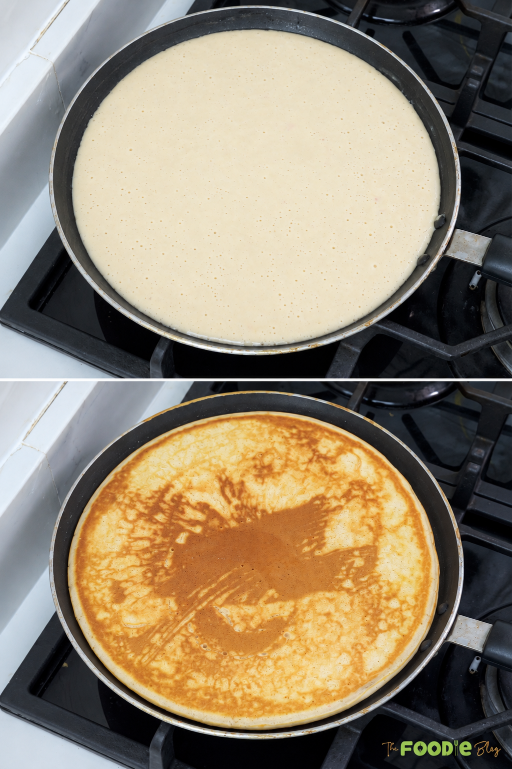 Step-by-step photos showing a giant pancake cooking in a skillet until golden brown.